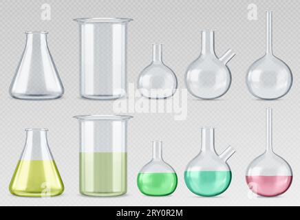 Leeres und vollständiges Laborglasgeschirr isoliert auf transparentem Hintergrund. Vektorrealistische Illustration von Laborbechern, Kolben, Röhrchen, die mit flüssiger Farbsubstanz gefüllt sind, wissenschaftliches Testexperiment Stock Vektor