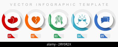Love Icon Set, verschiedene Symbole wie Herz, Abzeichen, Toast und Chat, flache Vektor-Infografikvorlage, Web-Buttons in 5 Farboptionen Stock Vektor