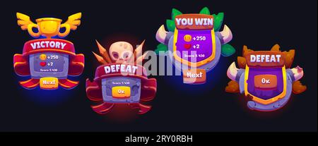 „Win ui“-Spielsymbol, „Victory Cartoon“-Button-Design. Goldenes Bannerabzeichen mit Awadt und Fail-Konzept mit Schädel. Mobiles Popup-Label für Abschließen und Besiegen. 2D Hupenschutzrahmen isoliert Set für App Stock Vektor