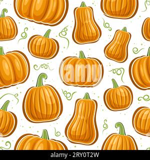 Vector Pumpkin Seamless Pattern, quadratischer, wiederholter Hintergrund mit ausgeschnittenen Illustrationen von Reifen ganzen verschiedenen Kürbissen und grünem verdrehtem Stiel für die Verpackung Stock Vektor