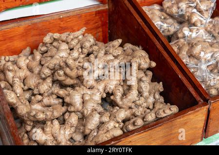 Ein Haufen natürlichen rohen Ingwers befindet sich auf einem lokalen Obstmarkt in Victoria, Seychellen Stockfoto