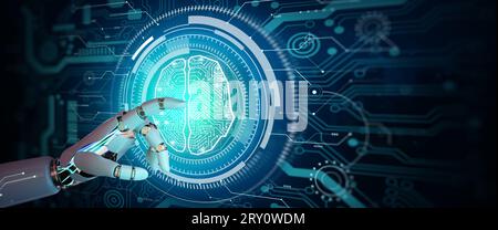 KI-Roboter-Technologie mit künstlicher Intelligenz, die Hand zeigt. Ki-Hirnkonzept. Automatisierungstechnologie und maschinelles Lernen im geschäftlichen Internet. Stockfoto