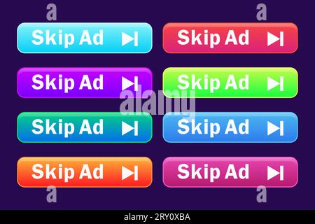 Schaltfläche „Werbung überspringen“. Videoblocksymbol für Werbung. App-Vorlage für Schnittstelle. Vektor Stock Vektor