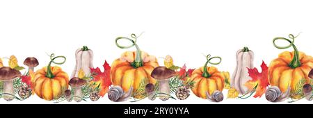 Nahtlose Borte aus Herbstblättern, Kürbissen, Tannenzweigen, Steinpilzen, Schnecken. Aquarellzeichnung. Handbemalt. Thanksgiving-Tag. Har Stockfoto