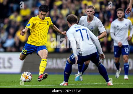 Broendby, Dänemark. 27. September 2023. Yuito Suzuki (28) von Broendby IF gesehen während des Oddset Pokalen Spiels zwischen HIK und Broendby IF im Brondby Stadion. (Foto: Gonzales Photo - Teis Markfoged). Quelle: Gonzales Photo/Alamy Live News Stockfoto