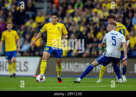 Broendby, Dänemark. 27. September 2023. Yuito Suzuki (28) von Broendby IF gesehen während des Oddset Pokalen Spiels zwischen HIK und Broendby IF im Brondby Stadion. (Foto: Gonzales Photo - Teis Markfoged). Quelle: Gonzales Photo/Alamy Live News Stockfoto