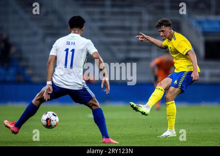 Broendby, Dänemark. 27. September 2023. Oscar Schwartau (41) von Broendby IF während des Oddset Pokalen-Spiels zwischen HIK und Broendby IF im Brondby Stadium. (Foto: Gonzales Photo - Teis Markfoged). Quelle: Gonzales Photo/Alamy Live News Stockfoto