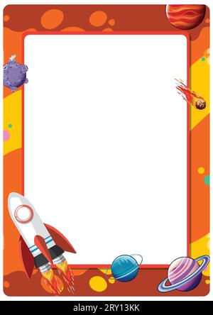 Ein lebendiger und verspielter Rahmen mit Planeten und einer Rakete im Weltraum Stock Vektor