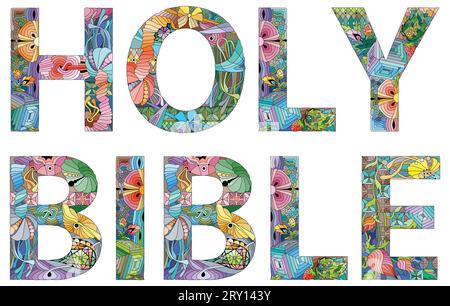 Handbemaltes Kunstdesign. Hand gezeichnete Illustration Wörter HEILIGE BIBEL für T-Shirt und andere Dekoration Stock Vektor