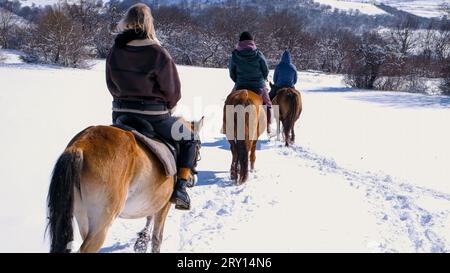 Pferdereiter, einer nach dem anderen auf verschneiten Wegen im Winter mit Berg im Hintergrund. Fußabdrücke im Schnee. Stockfoto