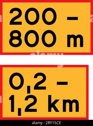 Länge des Straßenabschnitts, beginnend in angegebenem Abstand zum Schild, zusätzliche Verkleidungen, Straßenschilder in Schweden Stock Vektor