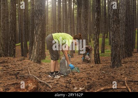 In einem sonnendurchfluteten Sommerwald beugt sich eine Erwachsene Frau im Vordergrund, um Plastikflaschen mit Handschuhen zu sammeln, während ein Mann im Hintergrund dasselbe tut, Stockfoto