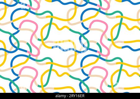 Nahtloses Muster aus bunten abstrakten Squiggles-Drucken mit deformierten Kreisen, Scribble-Spiralen und welligen Linien. Retro-memphis-Stil der 80er Jahre. Chaotische Tintenbürste Stock Vektor