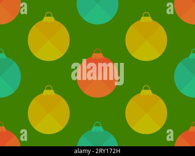 Nahtloses Muster mit Weihnachtskugeln auf grünem Hintergrund. Mehrfarbige Weihnachtskugeln im Vintage-Stil. Weihnachtsmotiv für Grußkarten, Geschenkpapier Stock Vektor
