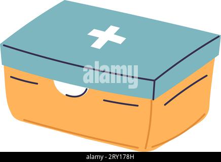 Medizinisches Set, erste-Hilfe-Medizin in Box mit Kreuz Stock Vektor