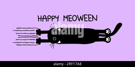 Happy Meoween (Happy Halloween) - lustiges Zitat-Design mit süßen Vampirzähnen und schwarzer Katze. Kitten-Schild zum Drucken. Entzückendes Katzenplakat mit Schriftzug, goo Stock Vektor