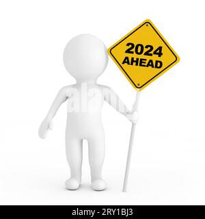 3D-Person mit Verkehrszeichen „2024 Ahead Traffic“ auf weißem Hintergrund. 3D-Rendering Stockfoto