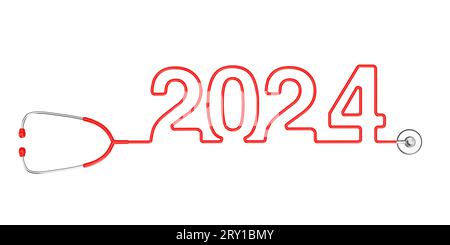 Roter Stethoskop-Schlauch, der ein neues 2024-jähriges Schild bildet, auf weißem Hintergrund. 3D-Rendering Stockfoto