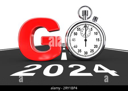 Neues 2024-Jahres-Konzept. Stoppwatch as Go Schildern Sie über die Neujahrsstraße 2024 auf weißem Hintergrund. 3D-Rendering Stockfoto