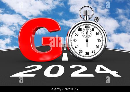 Neues 2024-Jahres-Konzept. Stoppwatch as Go Schildern Sie über die Neujahrsstraße 2024 auf blauem Himmel. 3D-Rendering Stockfoto