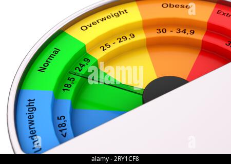 BMI- oder Body Mass Index Scale Meter Dial Gage Extreme Nahaufnahme. 3D-Rendering Stockfoto