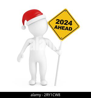 3D-Person mit Verkehrszeichen „2024 Ahead Traffic“ auf weißem Hintergrund. 3D-Rendering Stockfoto