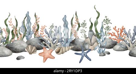 Nahtlose Grenze des Meeres Pebbles, Meereskorallen, Seesterne, Algen. Handgezeichnete Aquarellillustration. Marine, tropische Kollektion als Souvenir Stockfoto