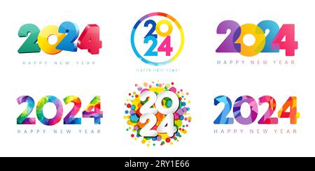 2024 buntes, großes Set mit Happy New Year Logo. 3D, Buntglas, mehrfarbige Blasen, Aquarelle, Facetten-Vektorillustration mit voller Farbzahl Stock Vektor