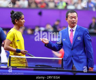 September 28, 2023, Hangzhou, Zhejiang, China: Tischtennis - Frauen Singles Runde von 32.#35 AKULA IND - PYON SGP India Lost by 0-3.ANKULA in Action (Credit Image: © Seshadri Sukumar/ZUMA Press Wire) NUR REDAKTIONELLE VERWENDUNG! Nicht für kommerzielle ZWECKE! Quelle: ZUMA Press, Inc./Alamy Live News Stockfoto