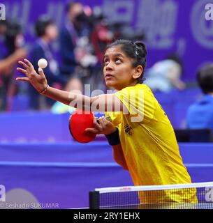 September 28, 2023, Hangzhou, Zhejiang, China: Tischtennis - Frauen Singles Runde von 32.#35 AKULA IND - PYON SGP India Lost by 0-3.ANKULA in Action (Credit Image: © Seshadri Sukumar/ZUMA Press Wire) NUR REDAKTIONELLE VERWENDUNG! Nicht für kommerzielle ZWECKE! Quelle: ZUMA Press, Inc./Alamy Live News Stockfoto