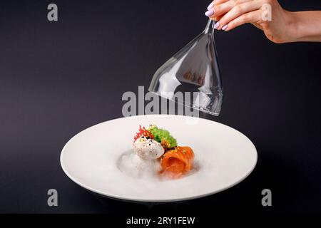 Molekulare moderne Küche Gravlaxforelle mit Knoblaucheis auf schwarzem Hintergrund. Stockfoto