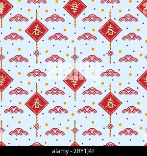 Chinesisches Neujahrsfest Glückspilz nahtloses Muster Design mit chinesischem Zeichen „Chun“ bedeutet „Frühling“ Stockfoto
