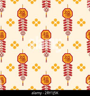 Chinesisches Neujahrsglück Charm nahtloses Muster Design mit chinesischem Zeichen „Fu“ bedeutet „viel Glück“ oder „Glück“ Stockfoto