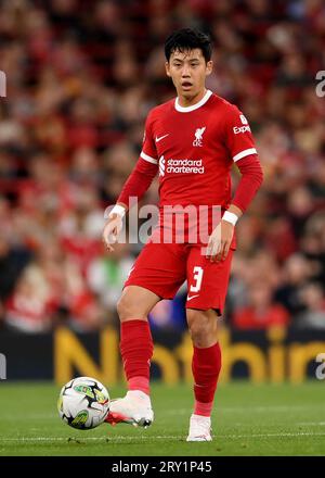 Liverpool, England, 27. September 2023. Wataru Endo aus Liverpool während des Carabao-Cup-Spiels in Anfield, Liverpool. Auf dem Bild sollte stehen: Gary Oakley / Sportimage Stockfoto