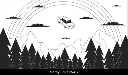 Psychedelische fliegende Auto im Regenbogenhimmel schwarz-weiß 2D-Illustrationskonzept Stock Vektor