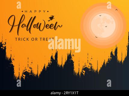 Happy halloween Hintergrund Illustration mit Grunge Pinselstrich und halloween Text und einem großen Vollmond Stock Vektor