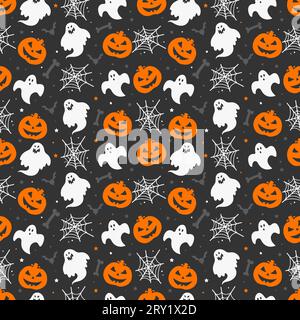 Happy halloween Muster mit Geistern Knochen Fledermäuse Kürbisse und Spinnweben isoliert auf dunklem Hintergrund Stock Vektor