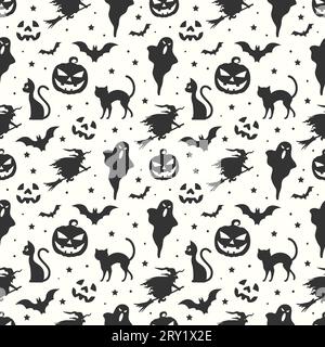 Flacher, nahtloser Halloween-Hintergrund mit halloween-Elementen wie Geistern, Katzen, Kürbissen und Hexen Stock Vektor