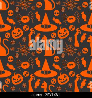 Halloween nahtloses Muster mit orangem Hexenhut und Spinne auf schwarzem Hintergrund Stock Vektor