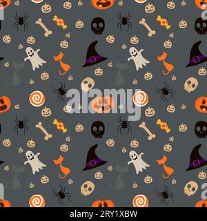 Halloween nahtlose Muster Hintergrund Illustration mit Kürbissen halloween Süßigkeiten und Hexenhut Stock Vektor