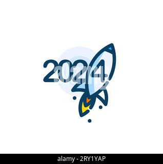 2024 Rocket Launch Celebration im Cartoon-Stil. Lebendiges, verspieltes Logo. Ideal für Neujahrsveranstaltungen und Geschäftsaktivitäten, Grußkarten und Stock Vektor