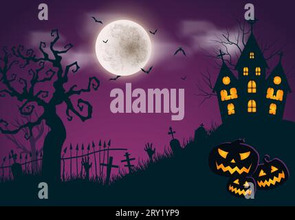 Friedhof in Hügel. Halloween-Hintergrund mit toten Bäumen Vollmond Fledermäuse Grabstein und Burg. Violette Vorlage Stock Vektor