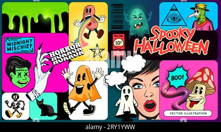 Eine Kollektion gruseliger halloween-Deko, Figuren und Aufkleber für Designs! Vektorillustration Stock Vektor
