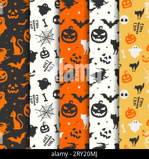 Halloween Seamless Patterns Kollektion mit Geistern Katzen Kürbissen und Hexen Stock Vektor