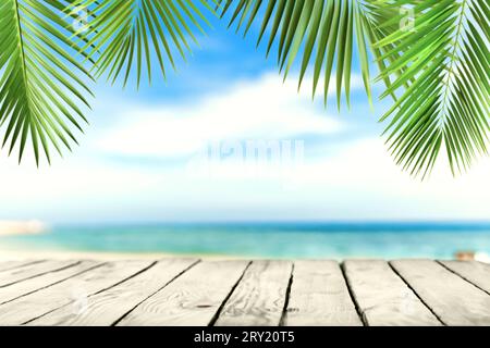 Leere Holzplanken auf der Tischplatte mit unscharfem Strand, Palmblätter auf dem Hintergrund. Mockup, Vorlage für Produkt, Platzierung von Inhalten, Präsentation oder Präsentation. Tr Stockfoto