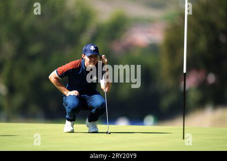 Matt Fitzpatrick von Team Europe während einer Übungsrunde im Marco Simone Golf and Country Club in Rom, Italien, vor dem Ryder Cup 2023. Bilddatum: Donnerstag, 28. September 2023. Stockfoto