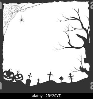 Halloween schwarze Rahmenillustration mit Spinnennetz und Baumsilhouetten Stock Vektor