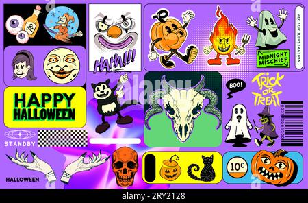 Alles Gute für halloween! Gruselige Sticker mit Figuren und gruseligen Dekorationen! Vektorillustration Stock Vektor