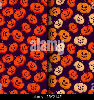 Halloween-Musterkollektion mit halloween-Kürbissen in verschiedenen Farben auf dunklem Hintergrund Stock Vektor