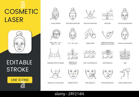 Laser-Kosmetologie-Icons setzen Vektorlinie, editierbarer Schlaganfall, Post-Akne-Entfernung, Warzenentfernung, Gesichtspeeling, Aknebehandlung, Photoverjüngung, Haut Stock Vektor
